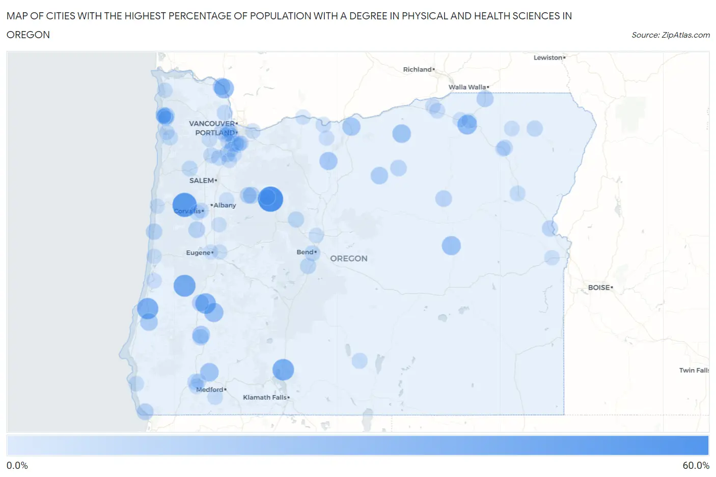 Cities with the Highest Percentage of Population with a Degree in Physical and Health Sciences in Oregon Map