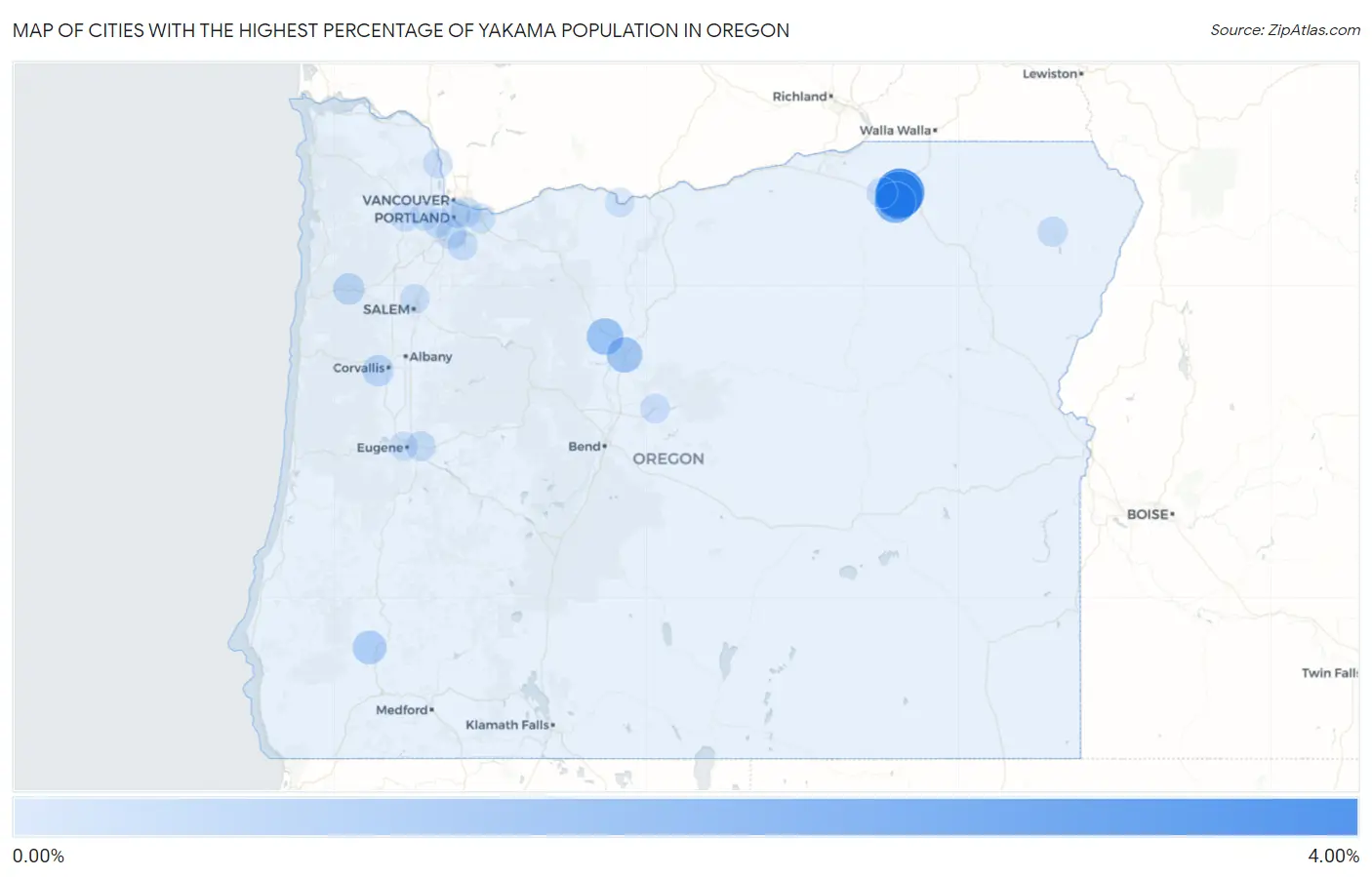Cities with the Highest Percentage of Yakama Population in Oregon Map