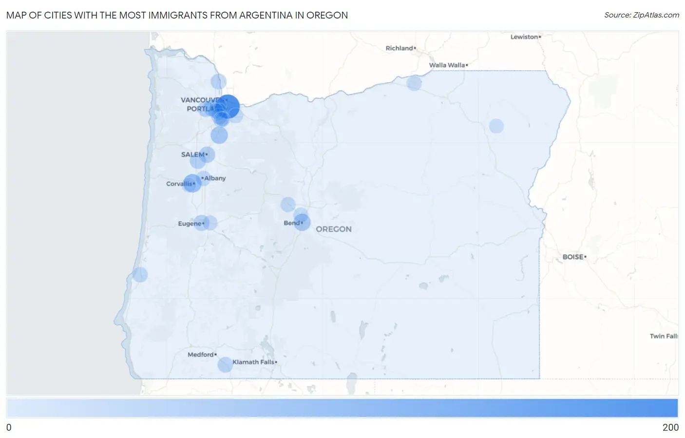 Cities with the Most Immigrants from Argentina in Oregon Map