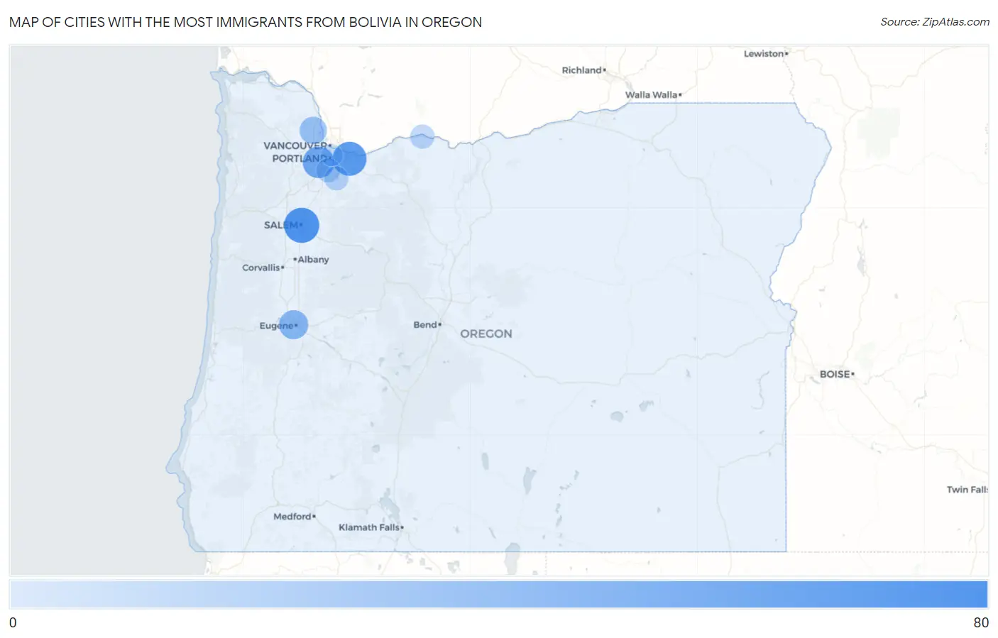 Cities with the Most Immigrants from Bolivia in Oregon Map