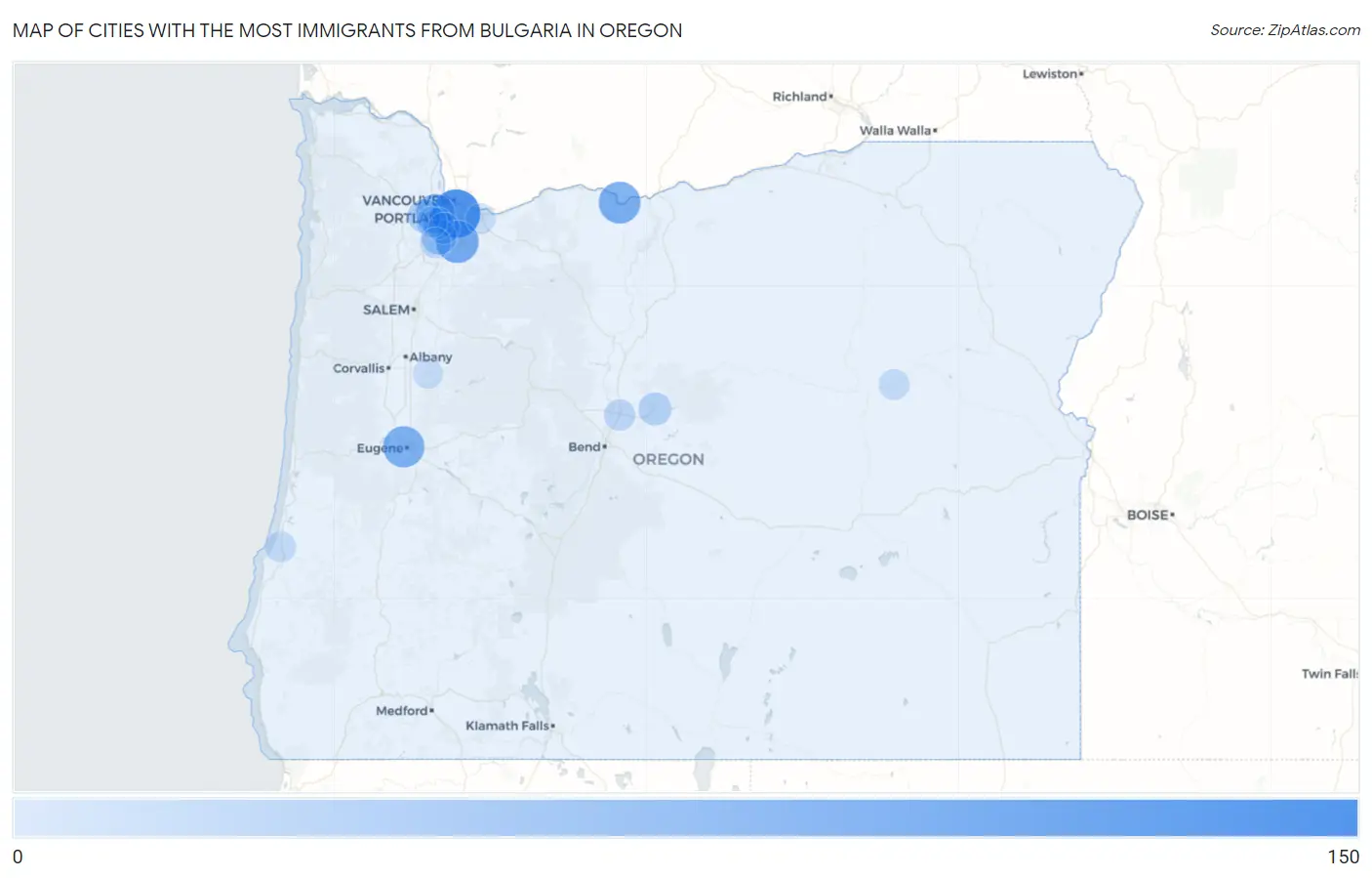 Cities with the Most Immigrants from Bulgaria in Oregon Map