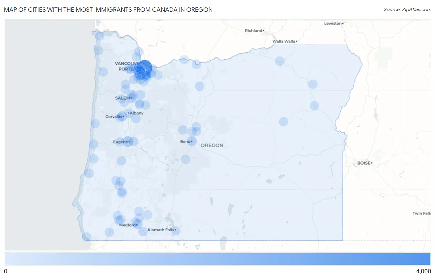Cities with the Most Immigrants from Canada in Oregon Map