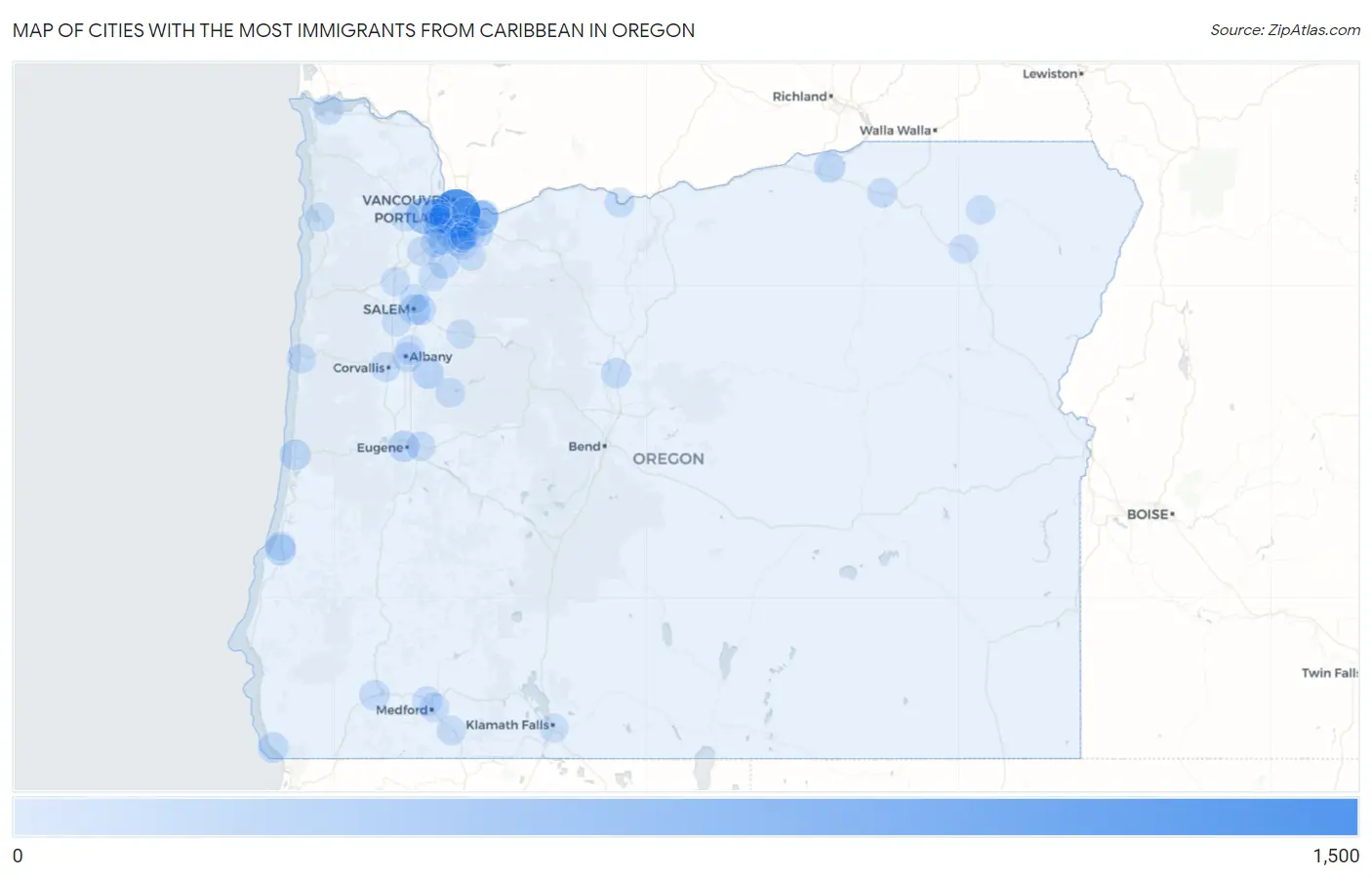 Cities with the Most Immigrants from Caribbean in Oregon Map