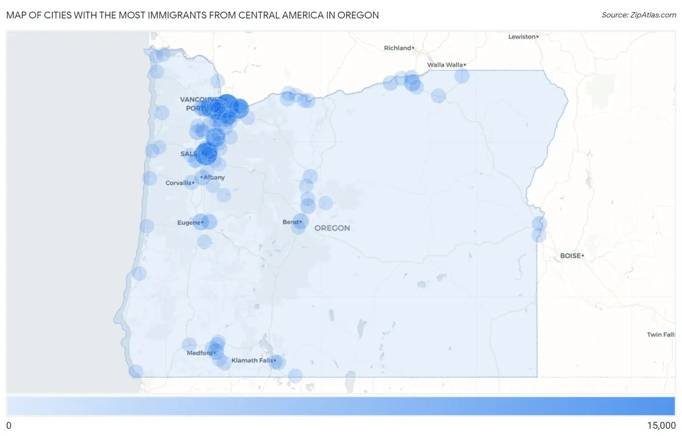 Cities with the Most Immigrants from Central America in Oregon Map