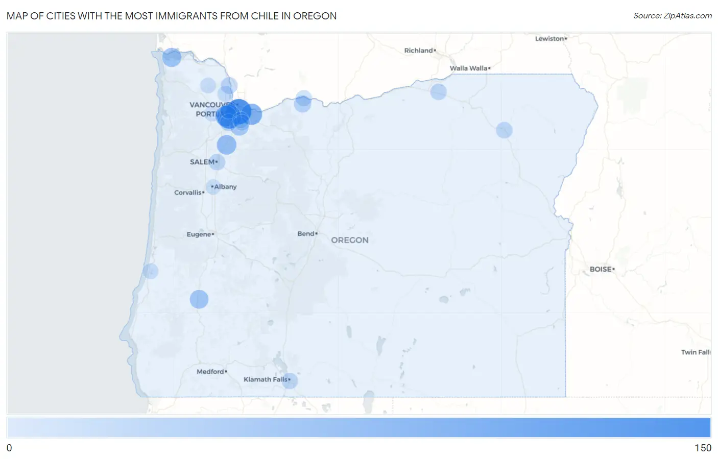 Cities with the Most Immigrants from Chile in Oregon Map
