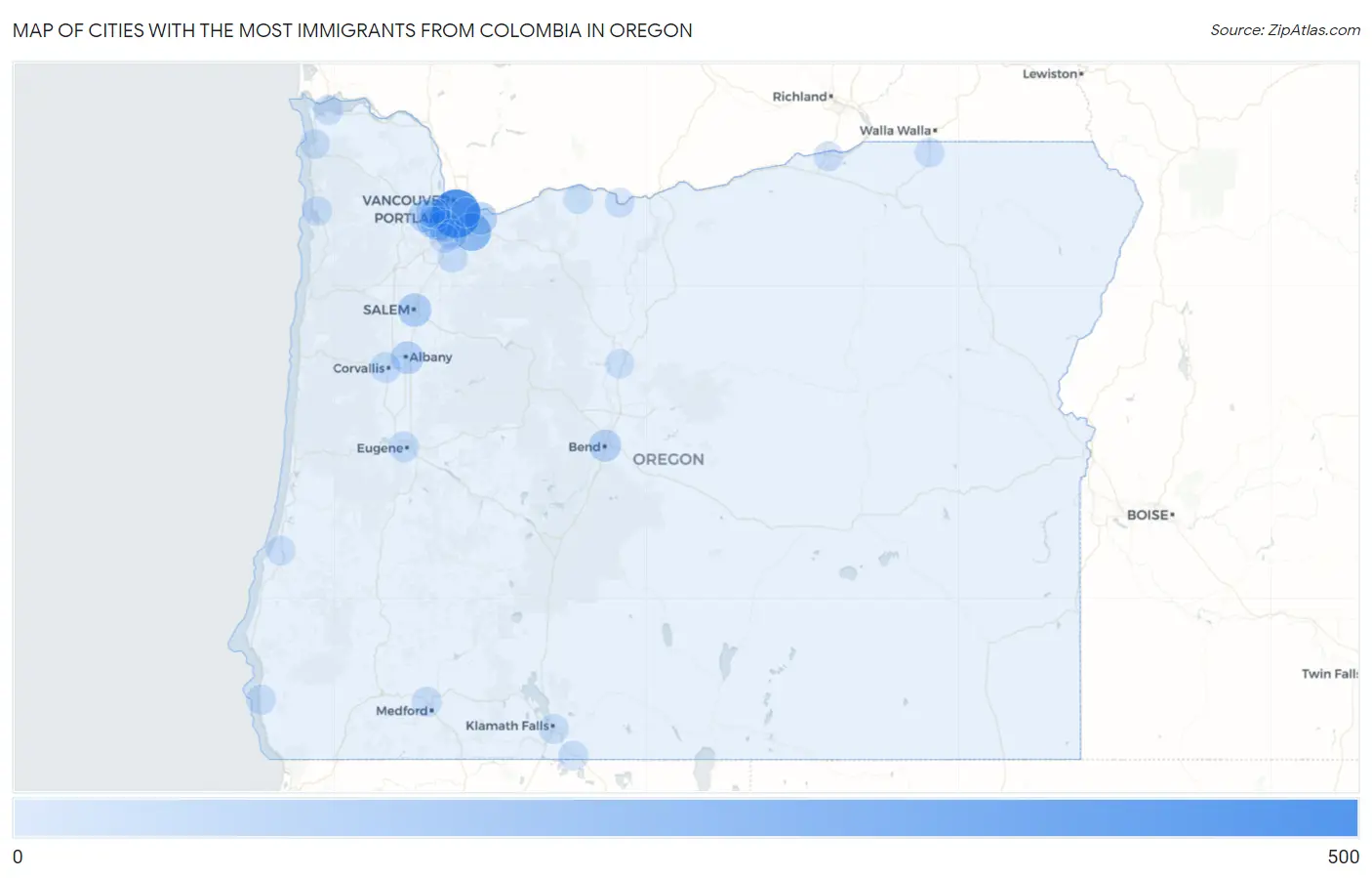 Cities with the Most Immigrants from Colombia in Oregon Map