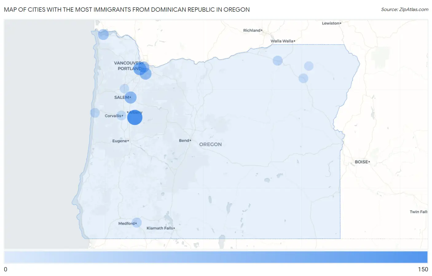 Cities with the Most Immigrants from Dominican Republic in Oregon Map