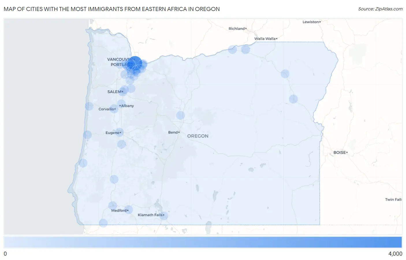 Cities with the Most Immigrants from Eastern Africa in Oregon Map