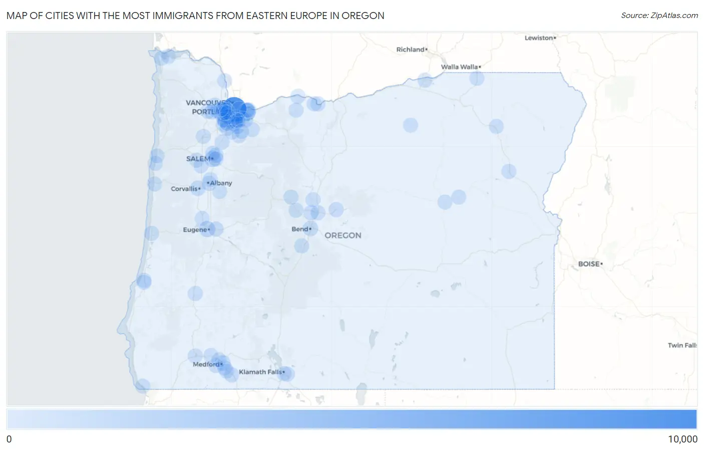 Cities with the Most Immigrants from Eastern Europe in Oregon Map