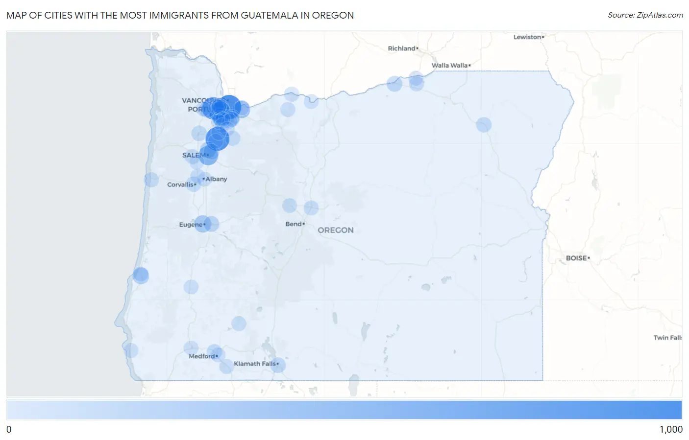 Cities with the Most Immigrants from Guatemala in Oregon Map