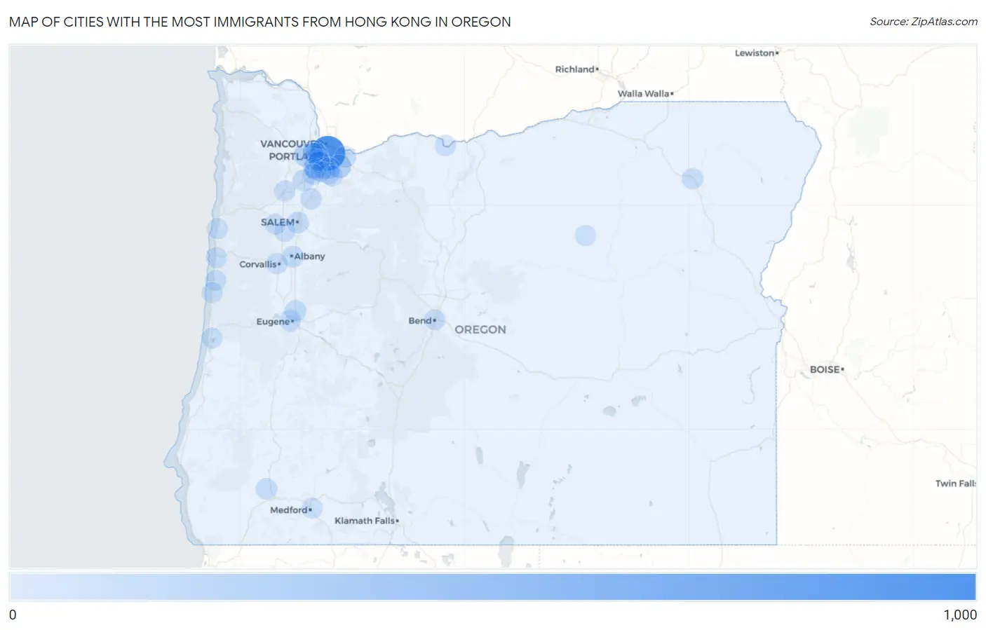 Cities with the Most Immigrants from Hong Kong in Oregon Map