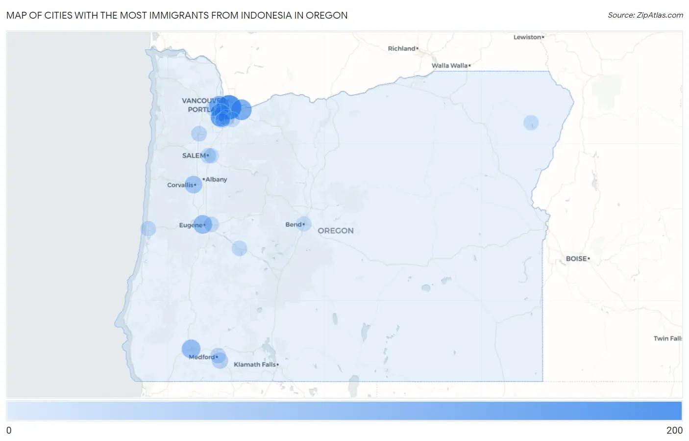 Cities with the Most Immigrants from Indonesia in Oregon Map
