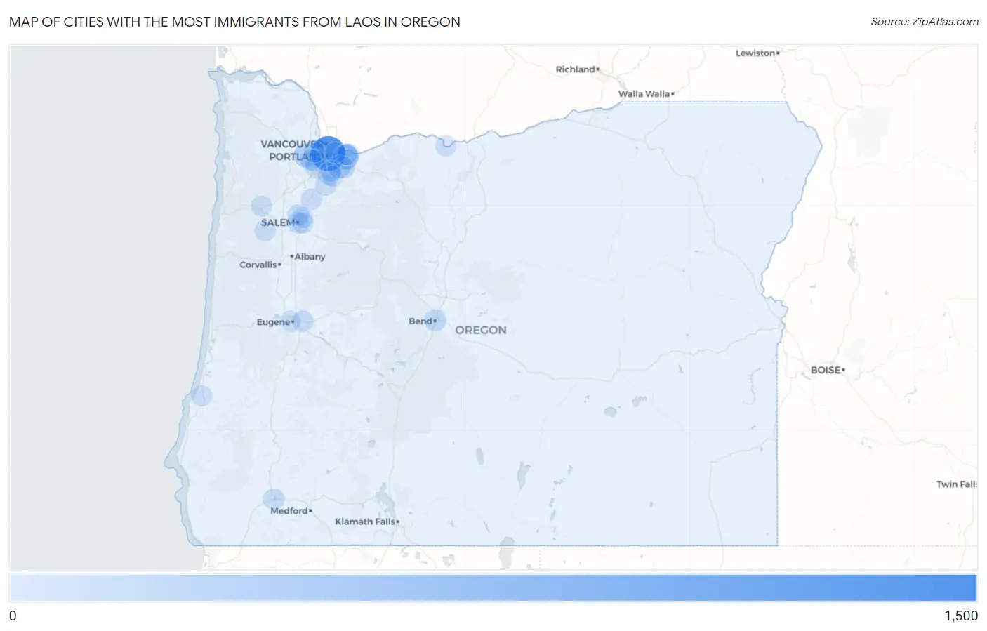 Cities with the Most Immigrants from Laos in Oregon Map