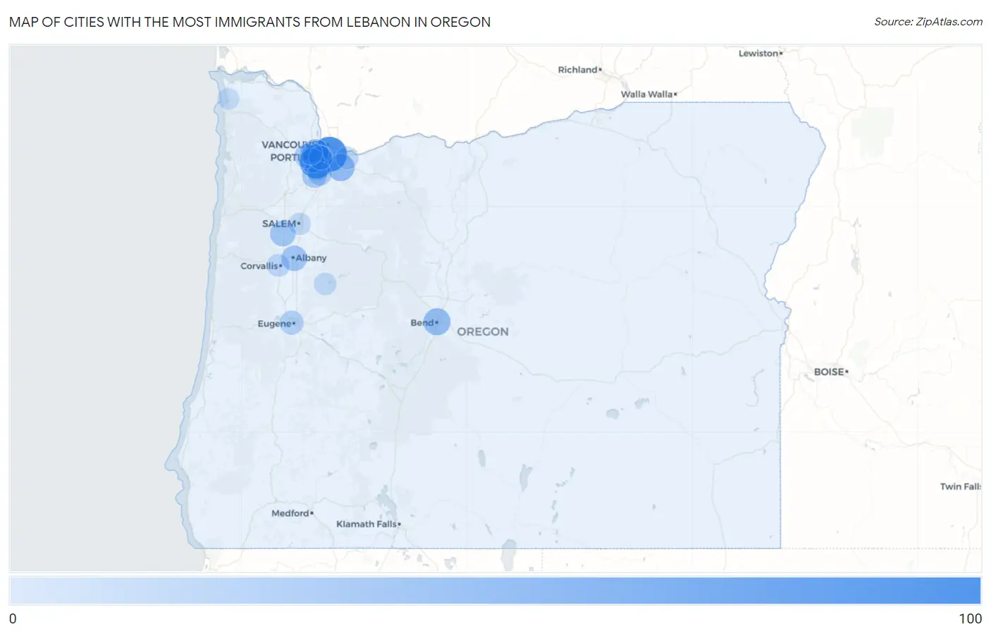 Cities with the Most Immigrants from Lebanon in Oregon Map