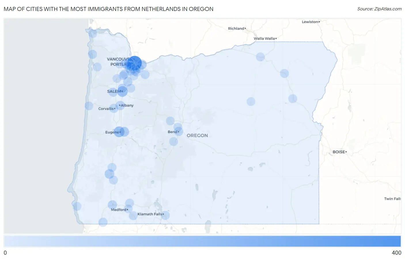 Cities with the Most Immigrants from Netherlands in Oregon Map