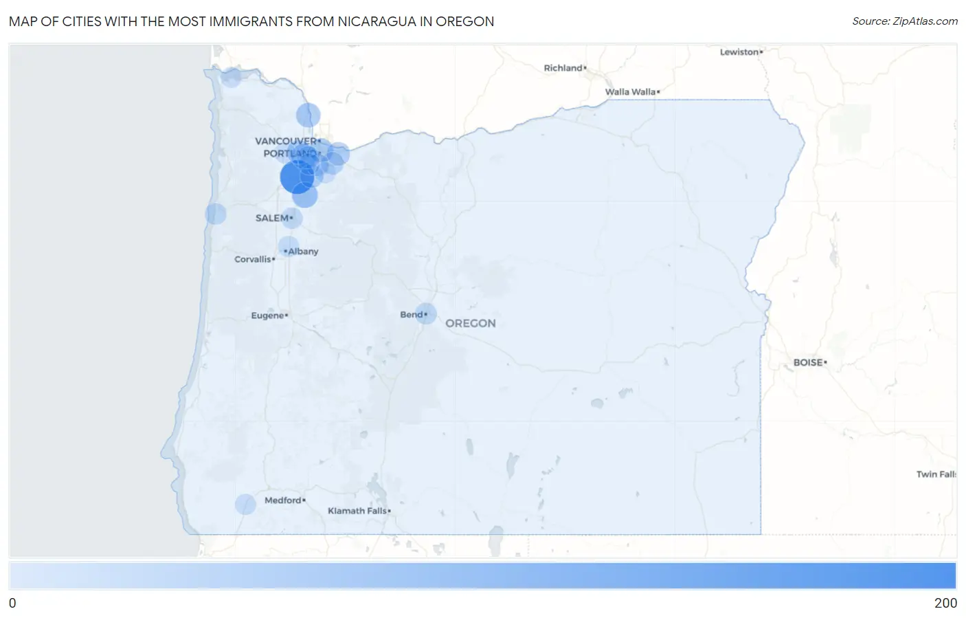 Cities with the Most Immigrants from Nicaragua in Oregon Map