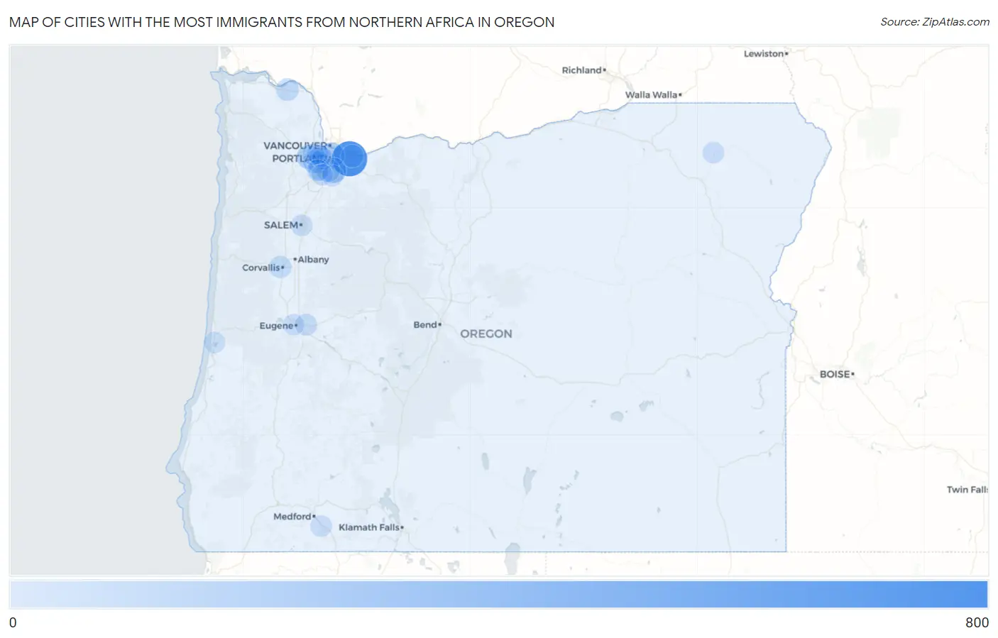 Cities with the Most Immigrants from Northern Africa in Oregon Map