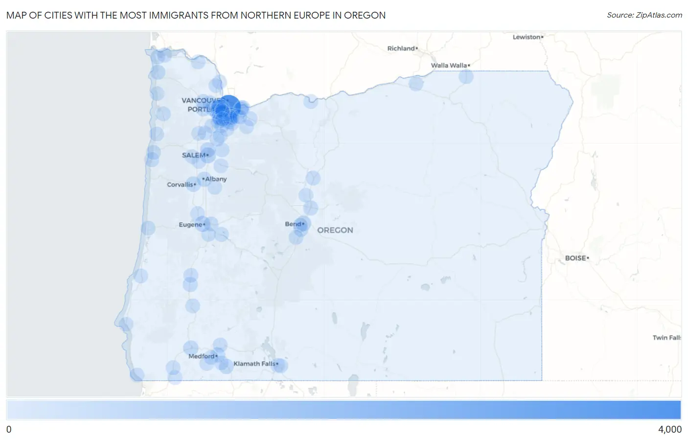 Cities with the Most Immigrants from Northern Europe in Oregon Map