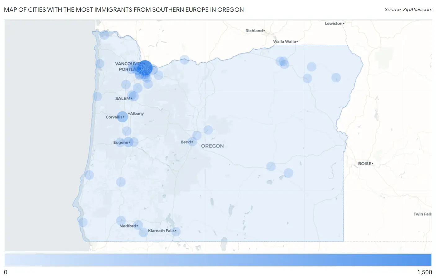 Cities with the Most Immigrants from Southern Europe in Oregon Map