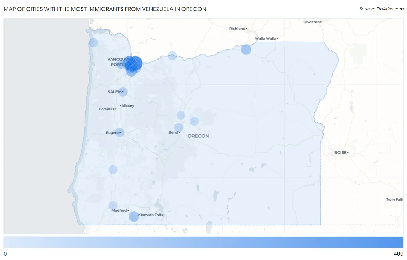 Cities with the Most Immigrants from Venezuela in Oregon Map