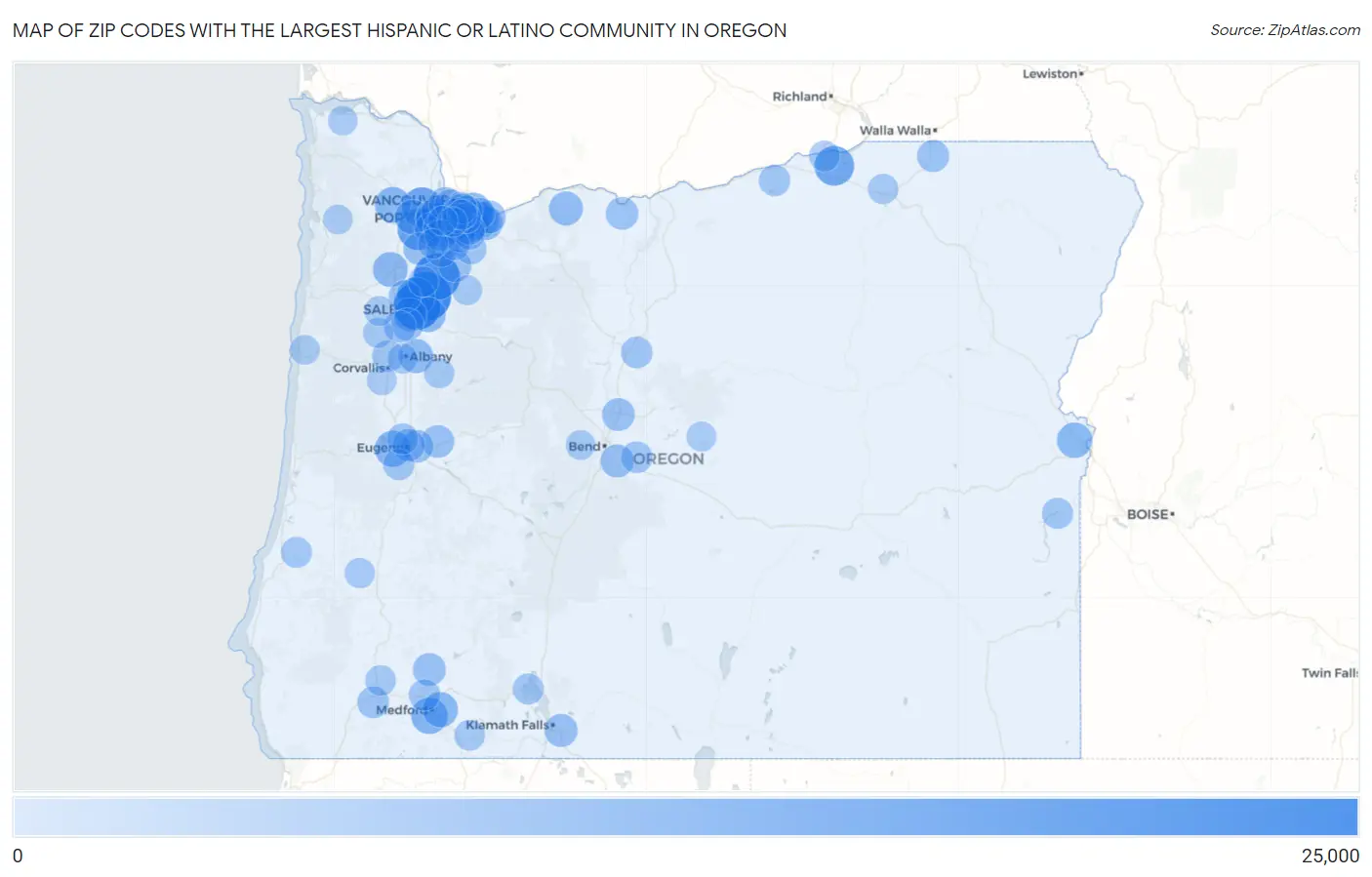 Zip Codes with the Largest Hispanic or Latino Community in Oregon Map