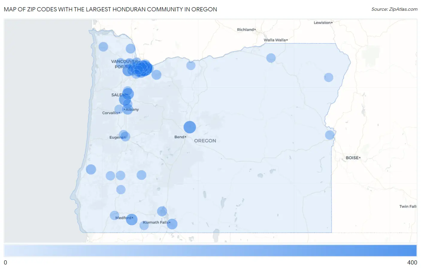 Zip Codes with the Largest Honduran Community in Oregon Map