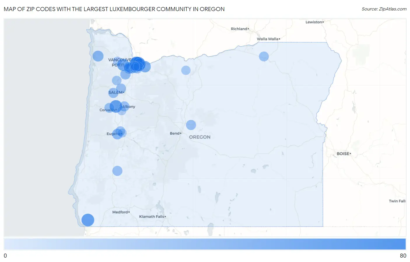 Zip Codes with the Largest Luxembourger Community in Oregon Map