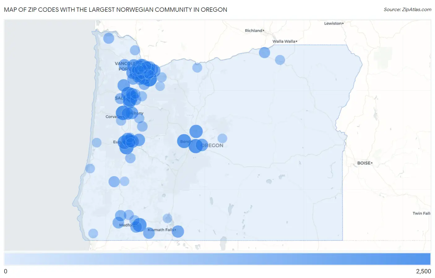 Zip Codes with the Largest Norwegian Community in Oregon Map