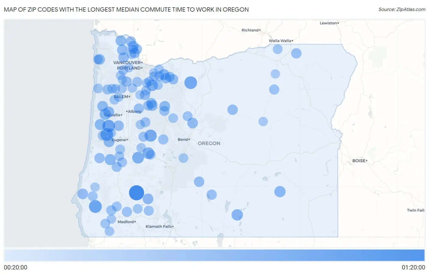 Zip Codes with the Longest Median Commute Time to Work in Oregon Map