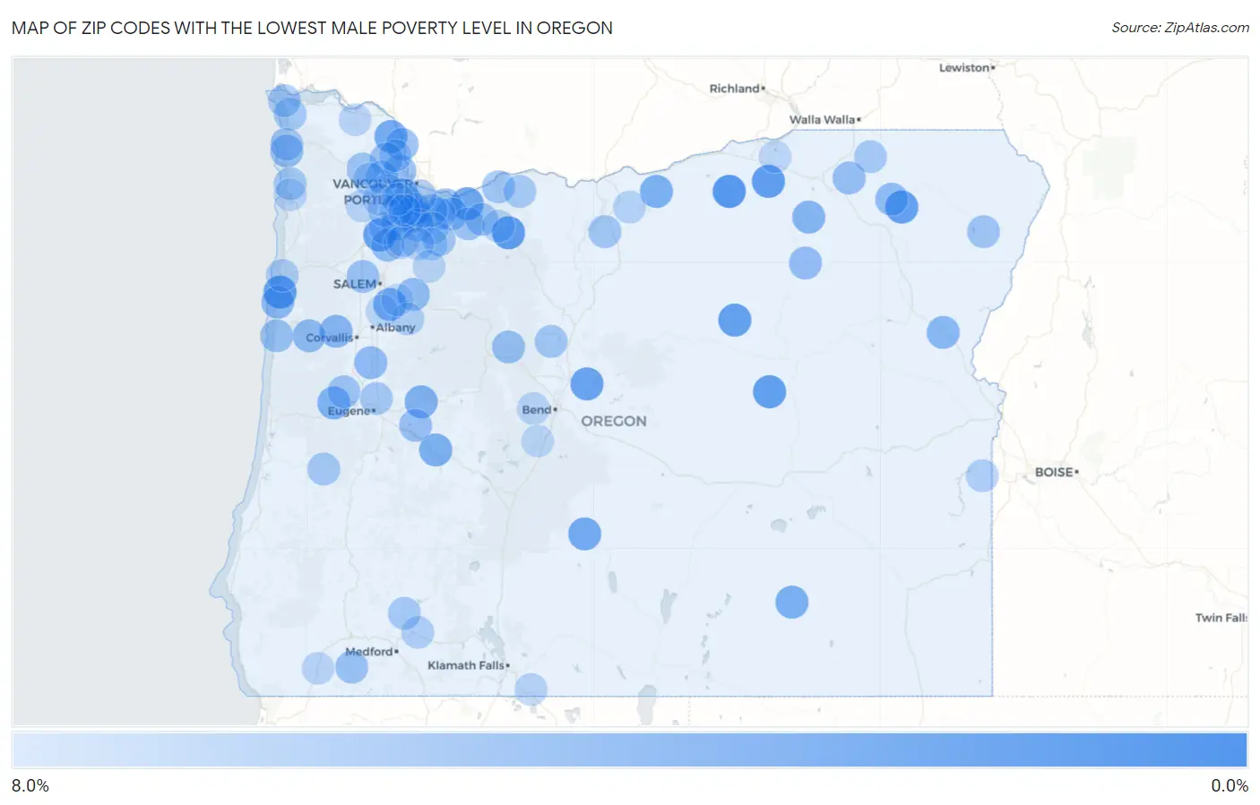 Zip Codes with the Lowest Male Poverty Level in Oregon Map