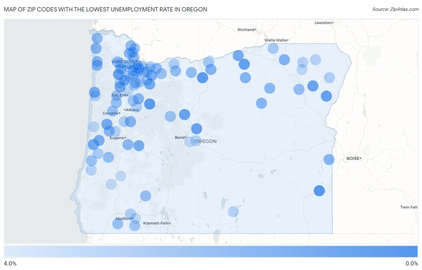 Zip Codes with the Lowest Unemployment Rate in Oregon Map