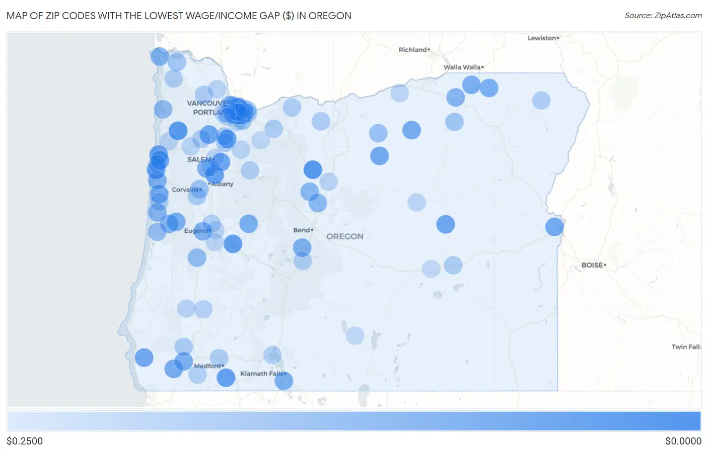 Zip Codes with the Lowest Wage/Income Gap ($) in Oregon Map