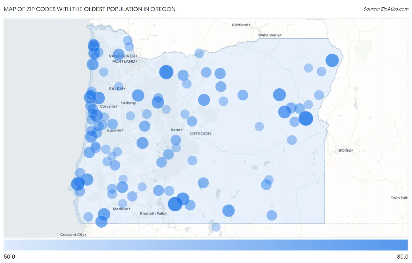 Zip Codes with the Oldest Population in Oregon Map
