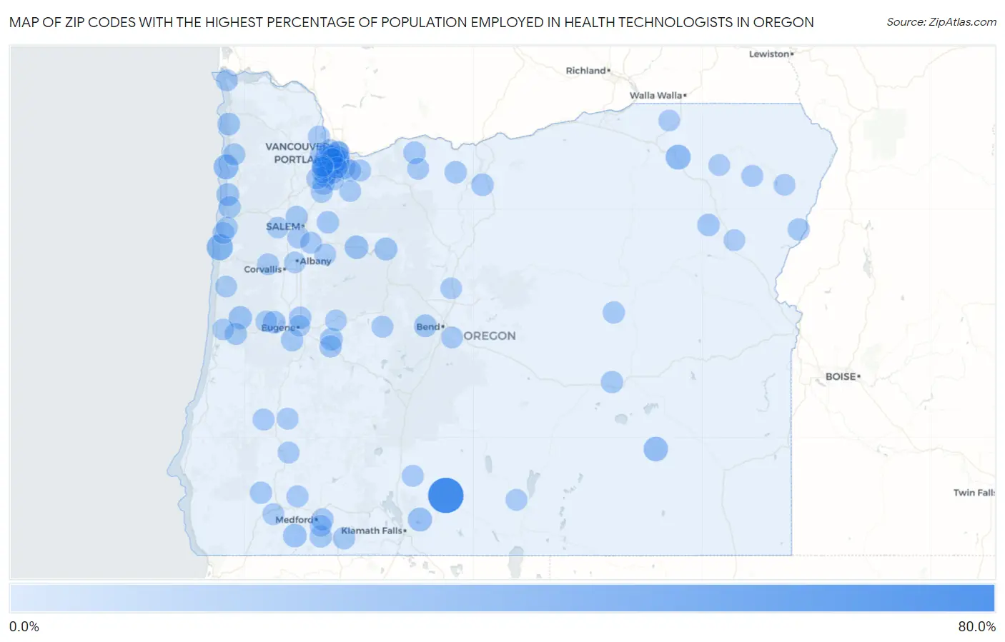 Zip Codes with the Highest Percentage of Population Employed in Health Technologists in Oregon Map