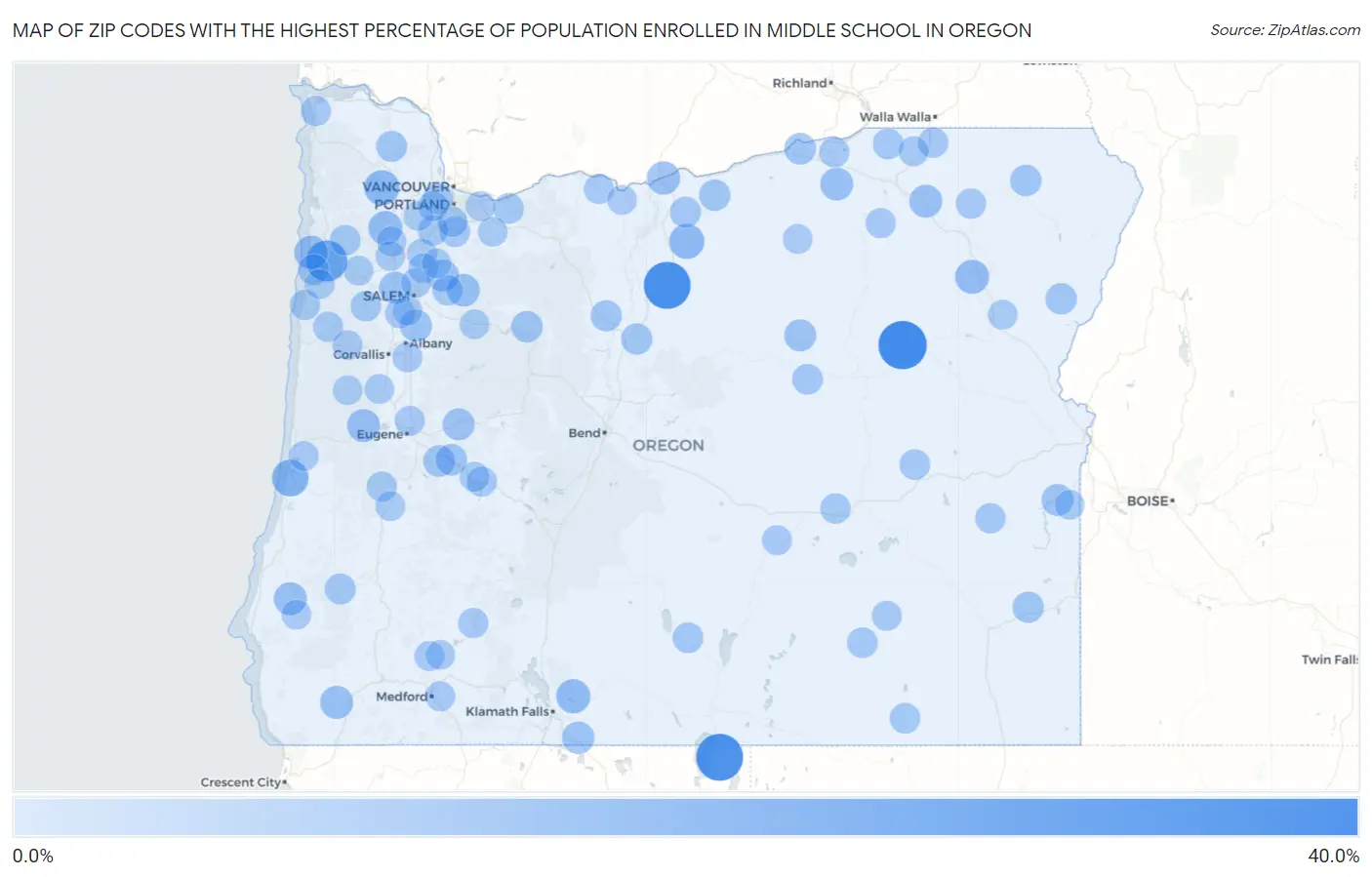 Zip Codes with the Highest Percentage of Population Enrolled in Middle School in Oregon Map