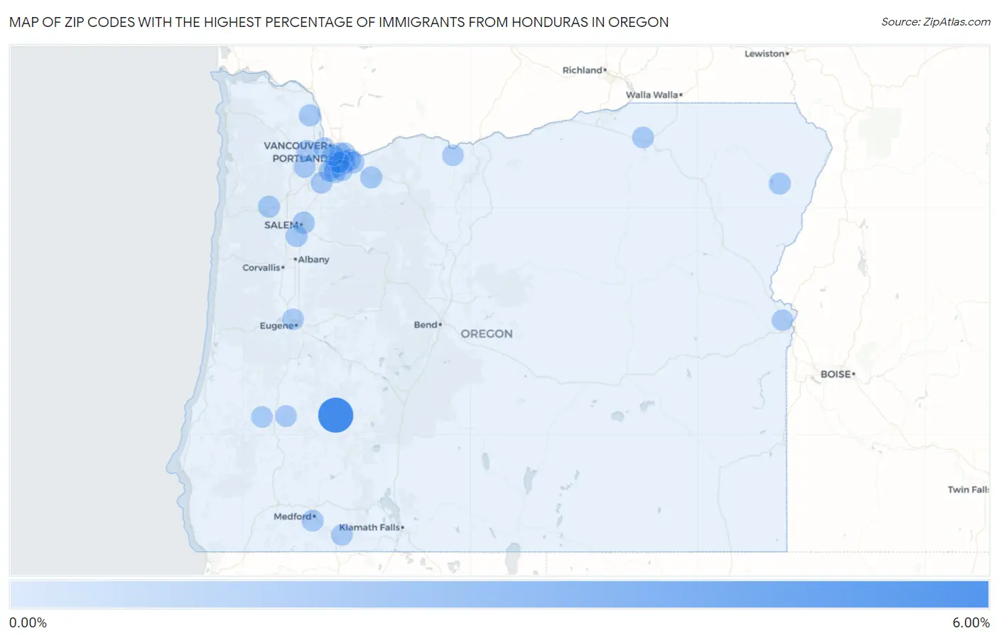 Zip Codes with the Highest Percentage of Immigrants from Honduras in Oregon Map