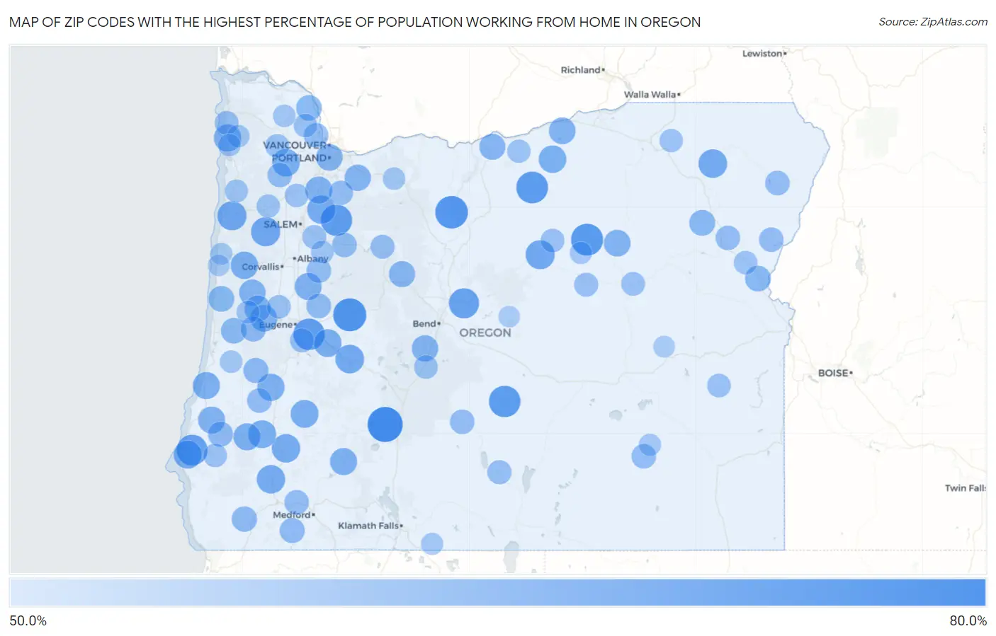 Zip Codes with the Highest Percentage of Population Working from Home in Oregon Map