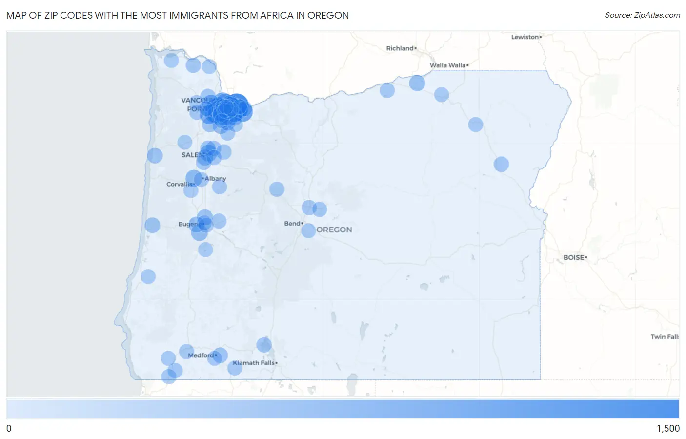 Zip Codes with the Most Immigrants from Africa in Oregon Map