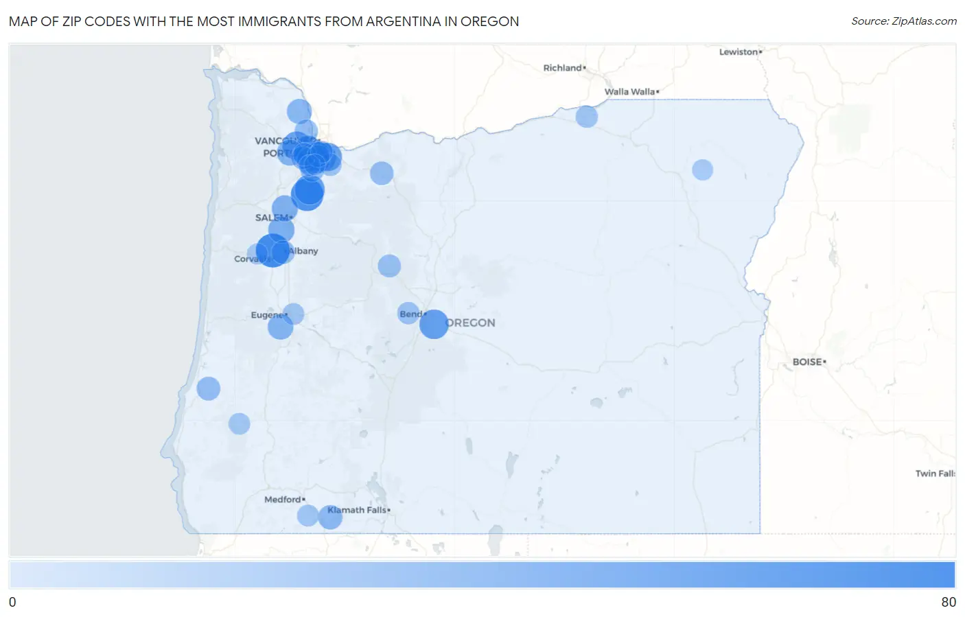 Zip Codes with the Most Immigrants from Argentina in Oregon Map
