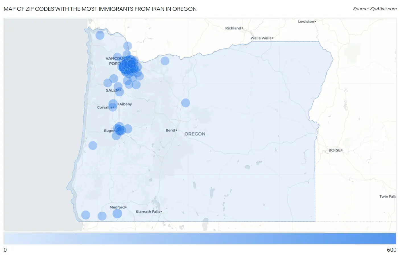 Zip Codes with the Most Immigrants from Iran in Oregon Map