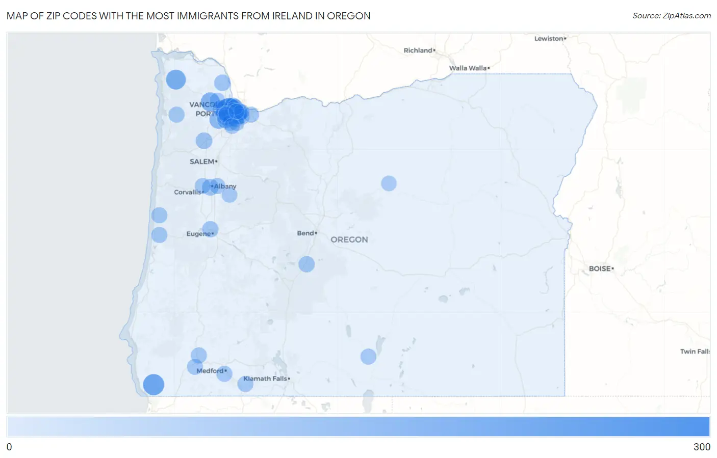 Zip Codes with the Most Immigrants from Ireland in Oregon Map