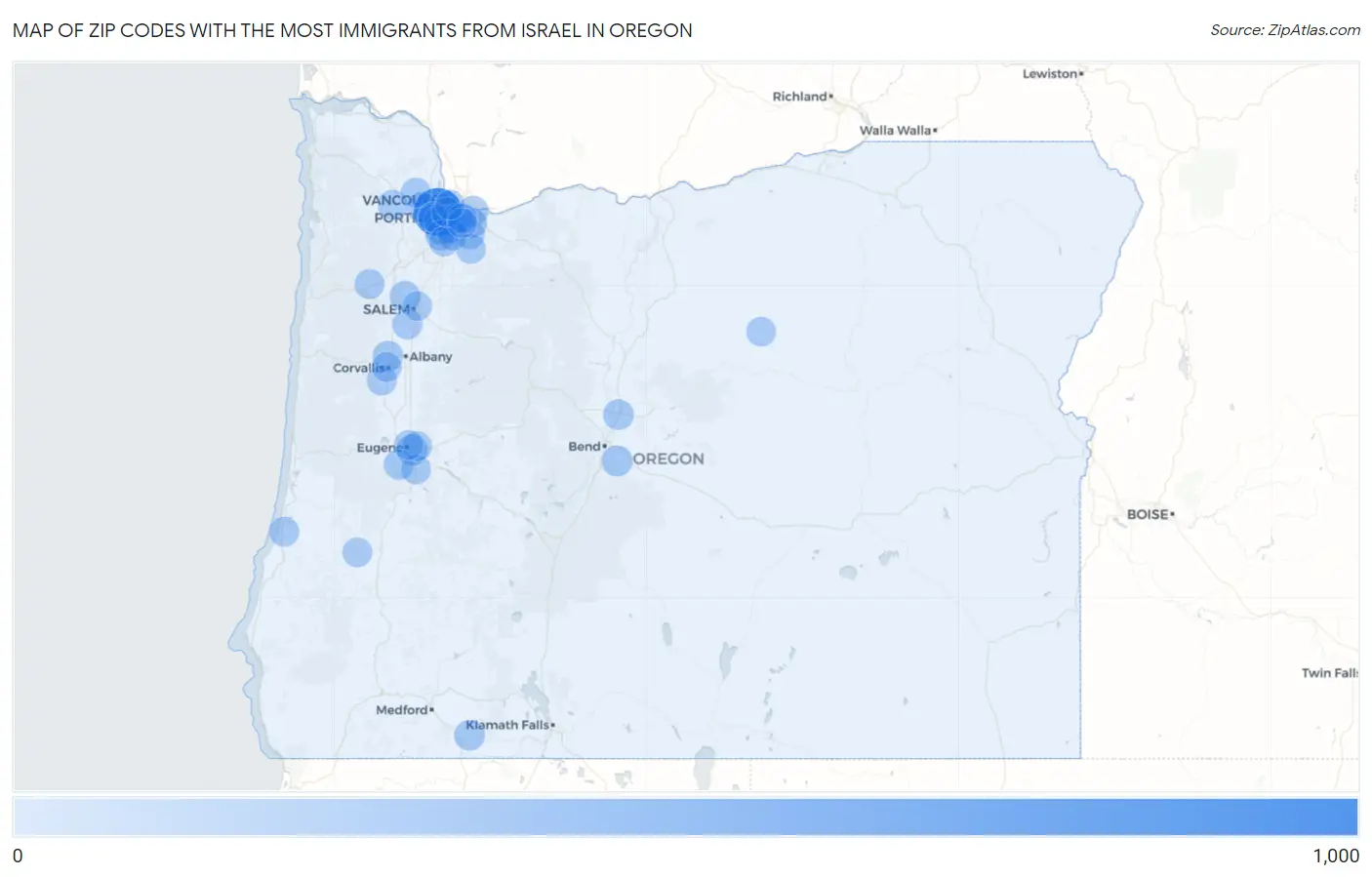 Zip Codes with the Most Immigrants from Israel in Oregon Map