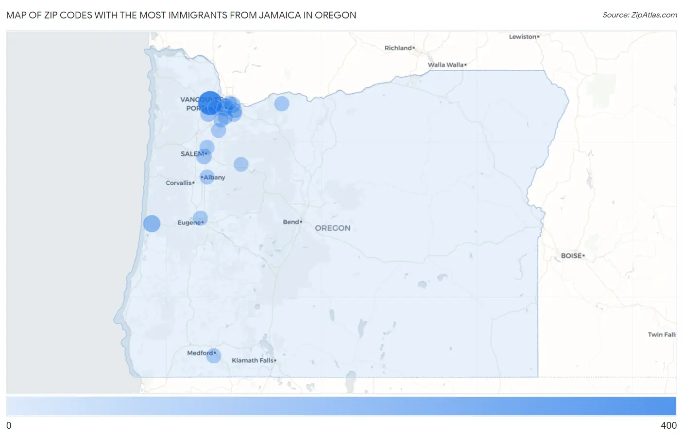 Zip Codes with the Most Immigrants from Jamaica in Oregon Map