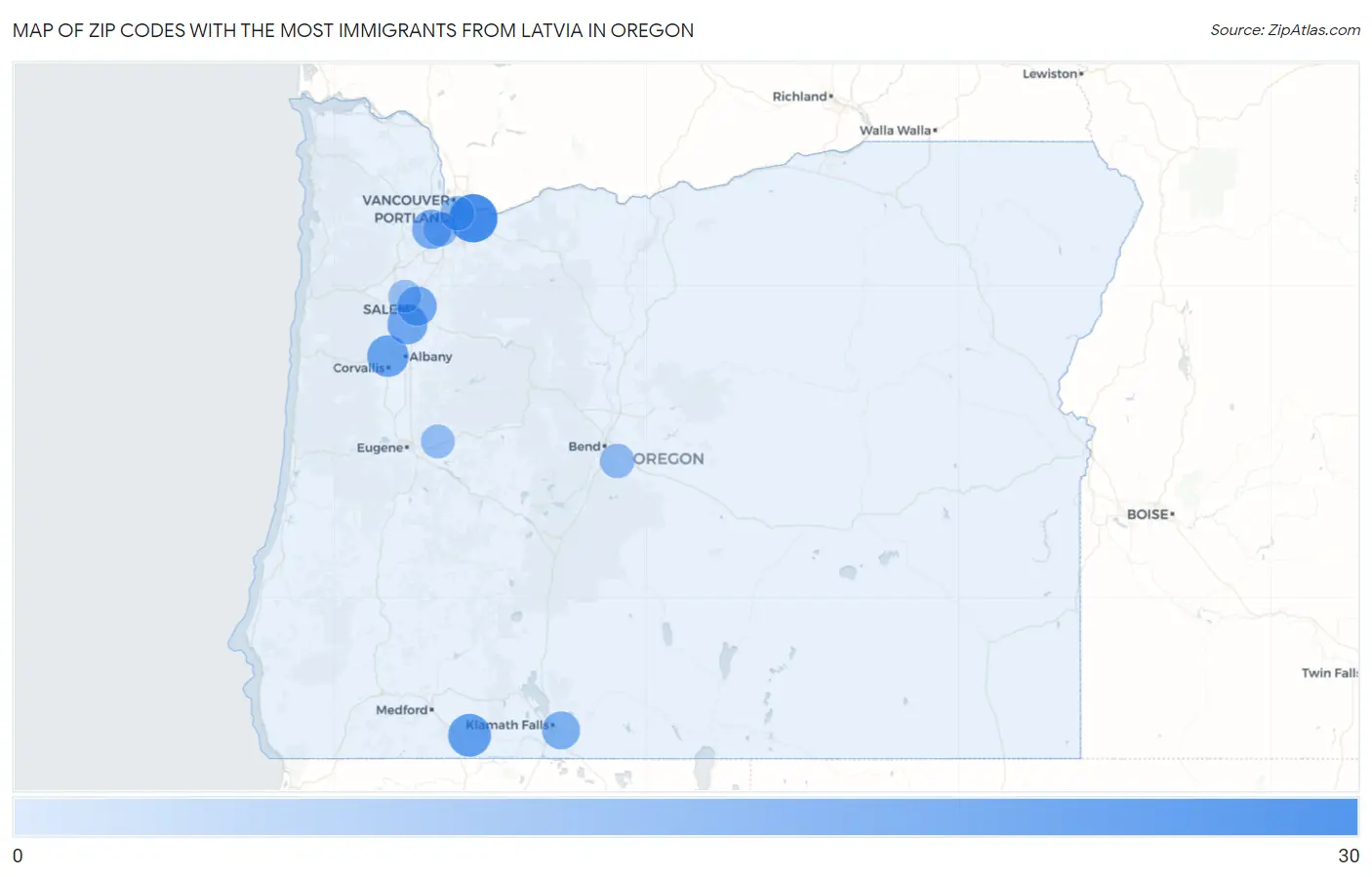 Zip Codes with the Most Immigrants from Latvia in Oregon Map