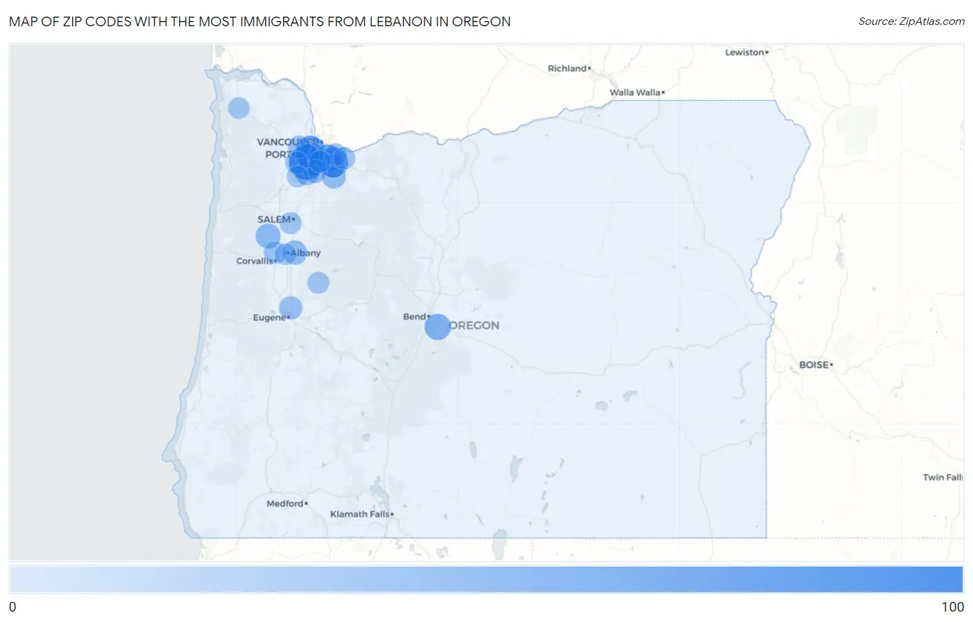 Zip Codes with the Most Immigrants from Lebanon in Oregon Map