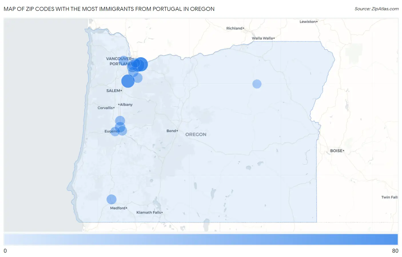 Zip Codes with the Most Immigrants from Portugal in Oregon Map