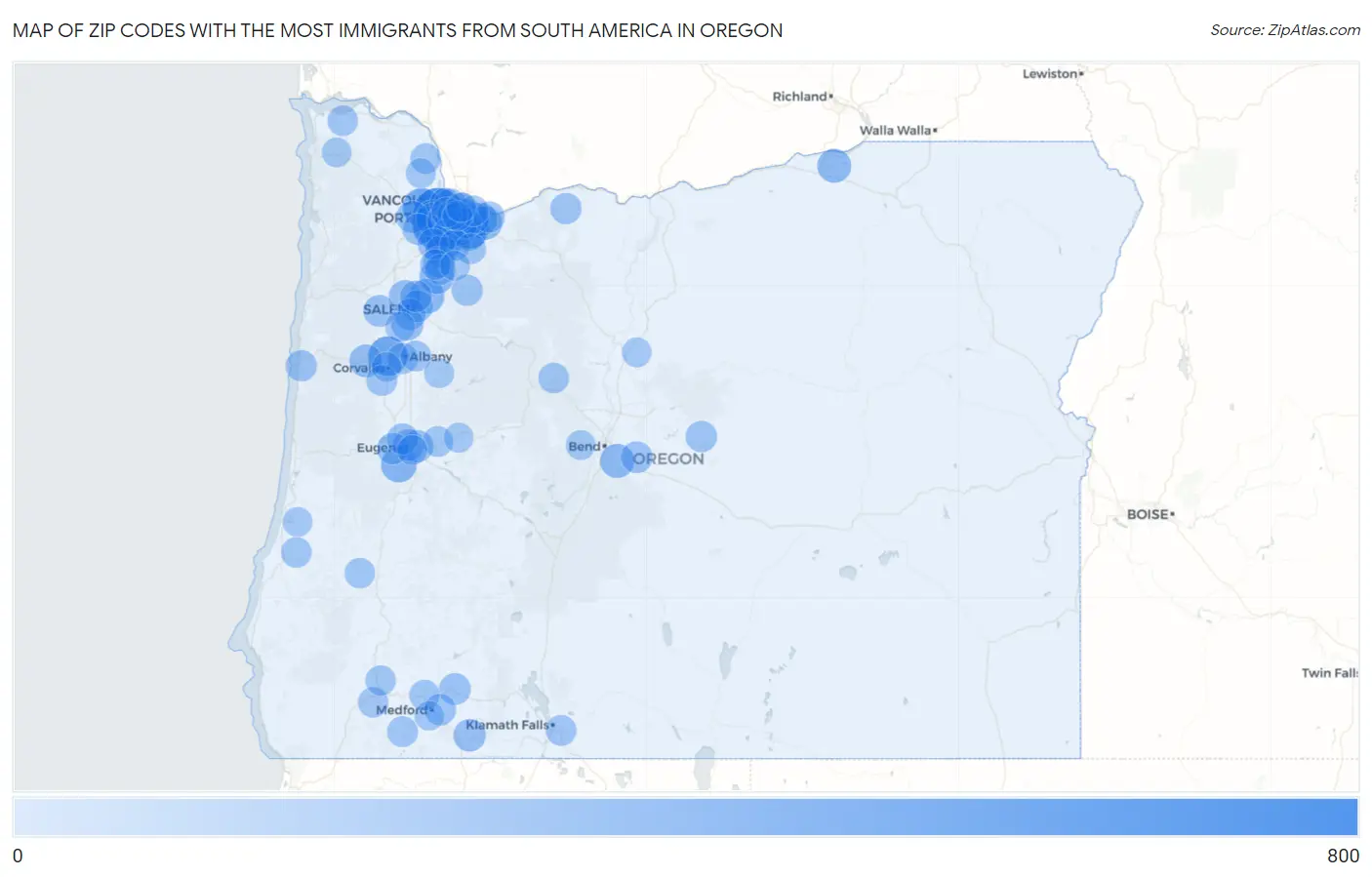 Zip Codes with the Most Immigrants from South America in Oregon Map