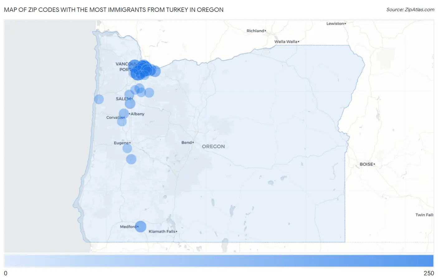 Zip Codes with the Most Immigrants from Turkey in Oregon Map
