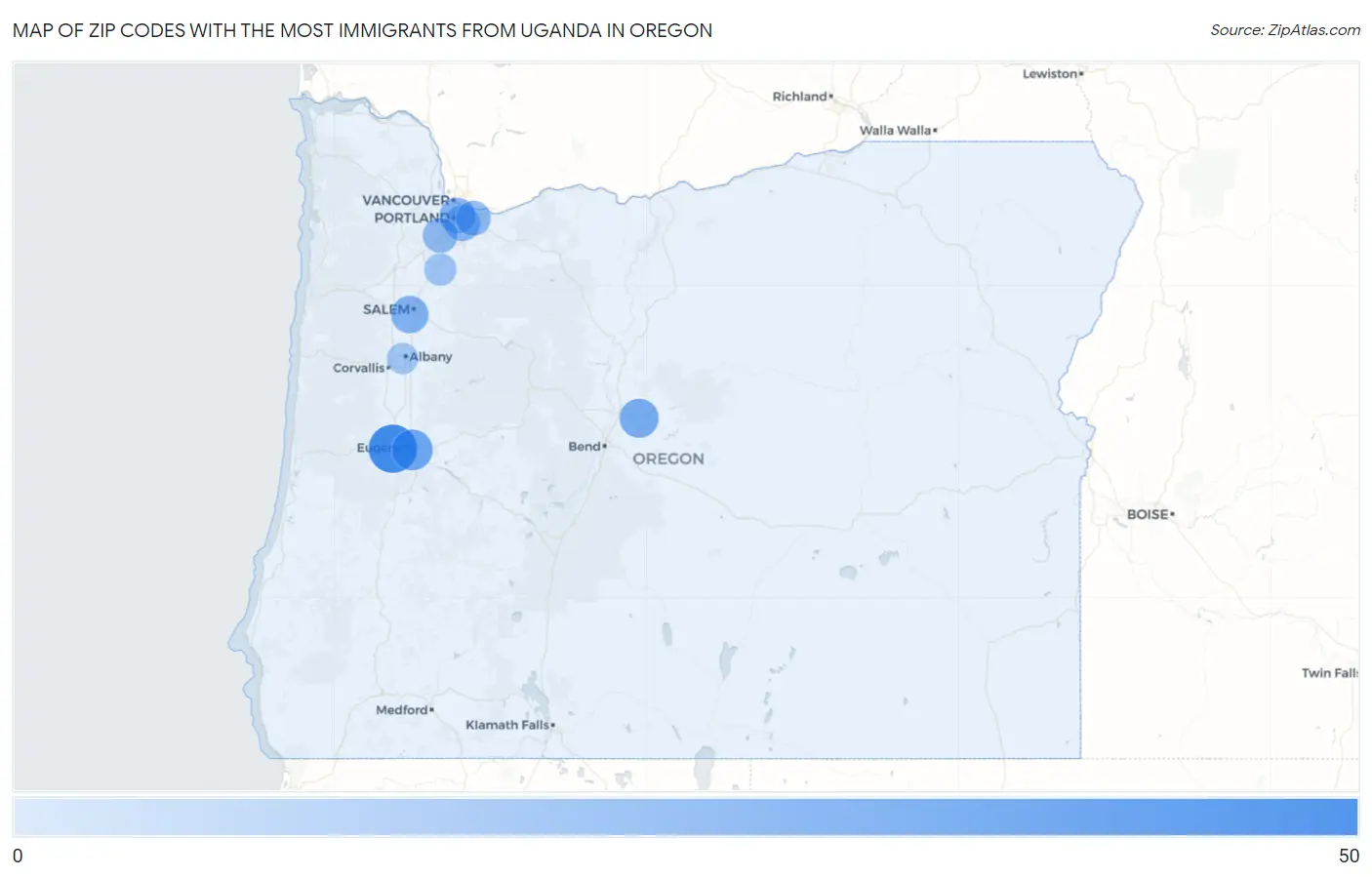 Zip Codes with the Most Immigrants from Uganda in Oregon Map