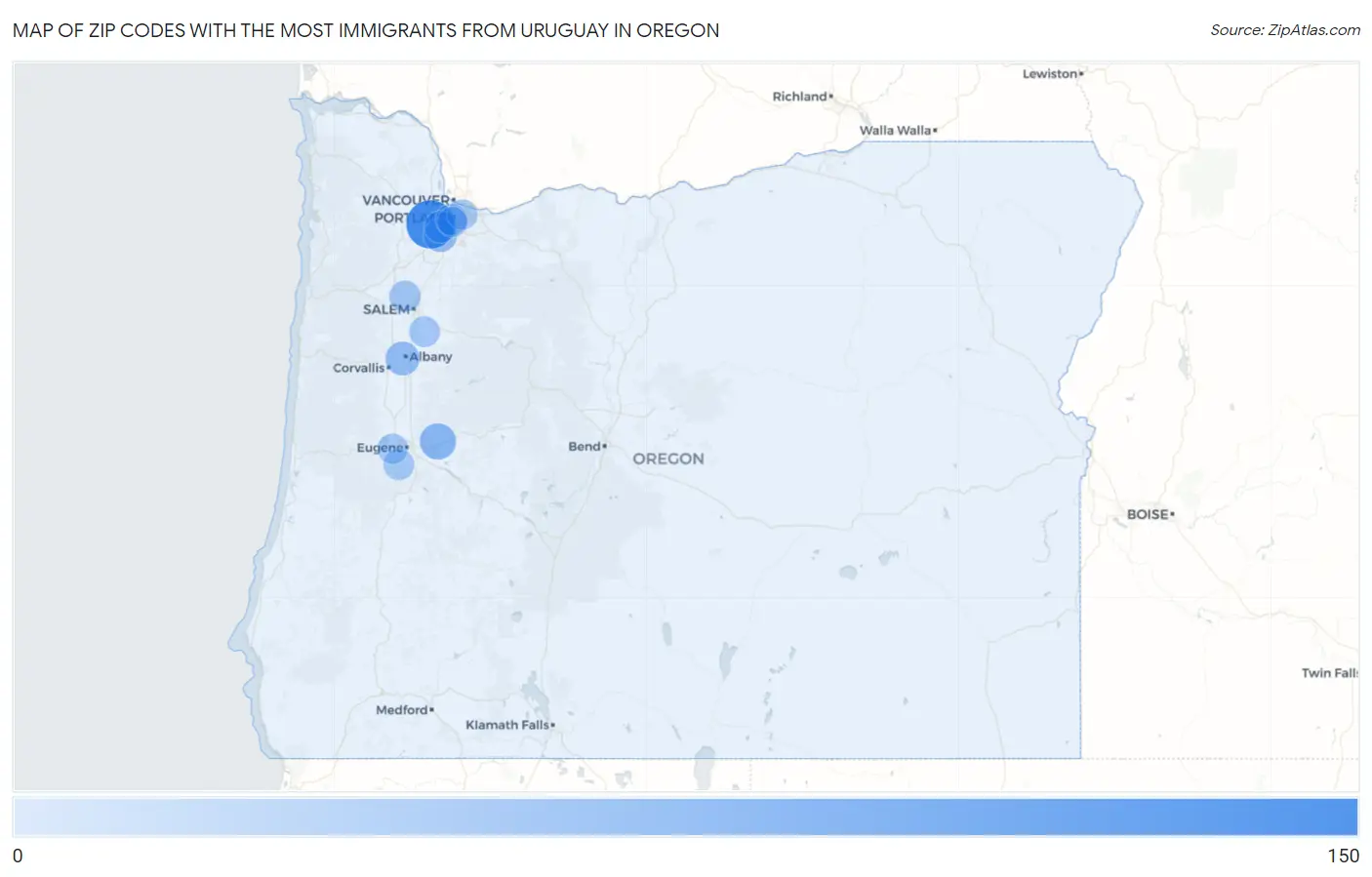 Zip Codes with the Most Immigrants from Uruguay in Oregon Map